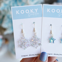 Load image into Gallery viewer, Silver Snowflake & Blue Star Acrylic Earrings