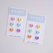 Load image into Gallery viewer, Conversation Heart Earrings - 3 Drop Hanging and Stud Pack
