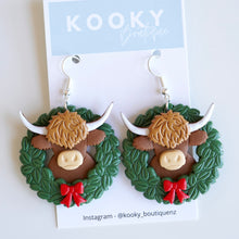 Load image into Gallery viewer, Christmas Cow in Wreath Earrings
