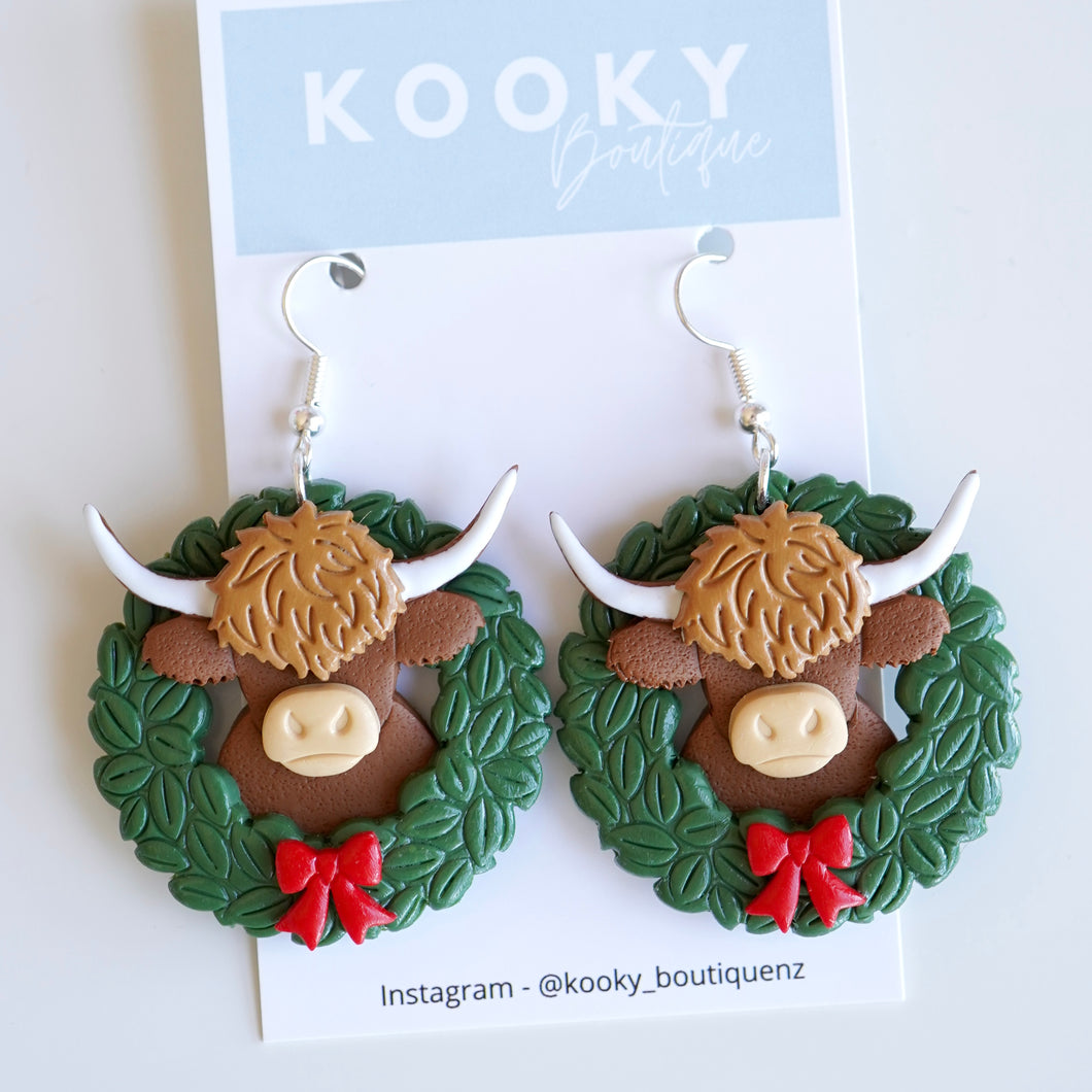 Christmas Cow in Wreath Earrings