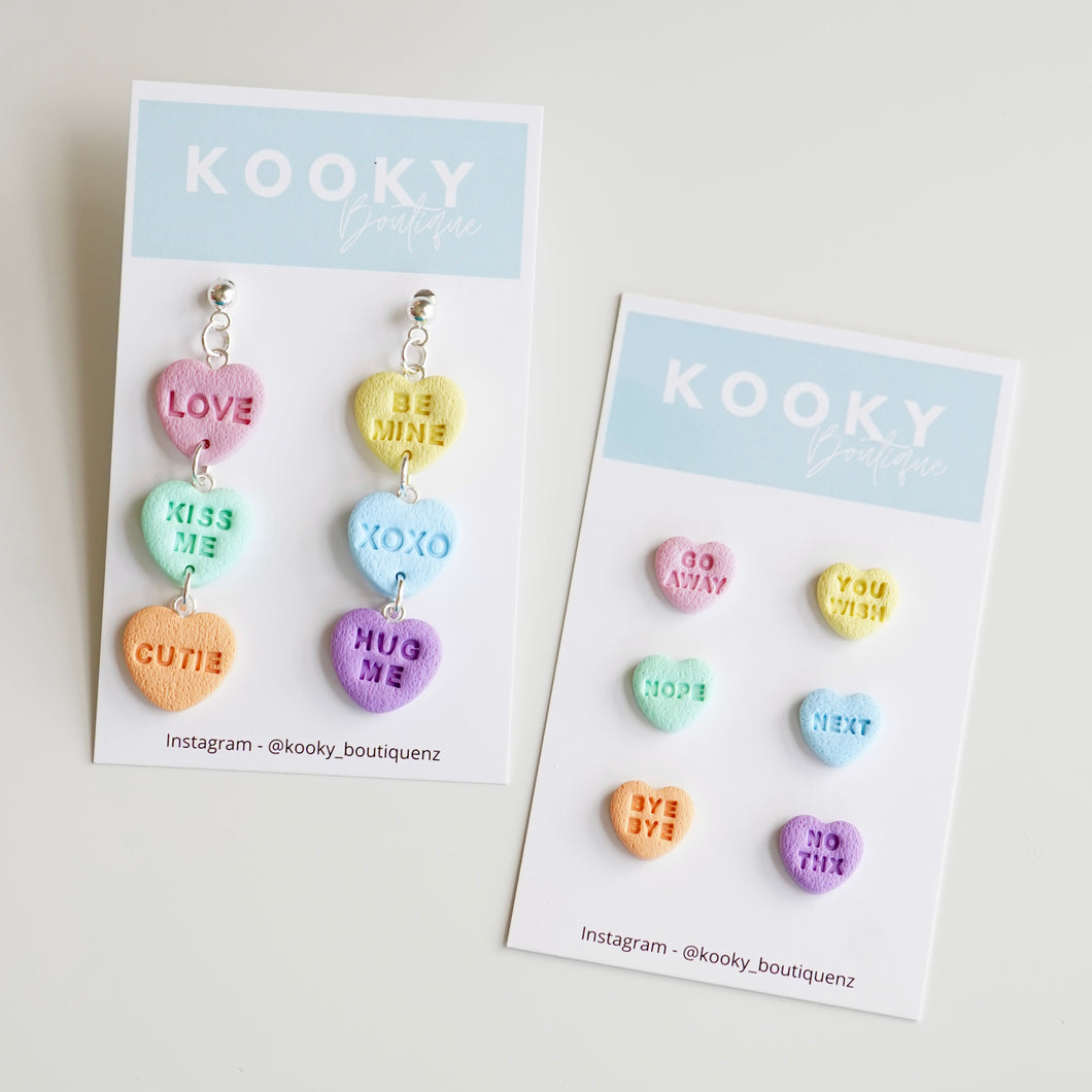 Conversation Heart Earrings - 3 Drop Hanging and Stud Pack