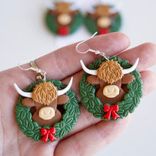 Load image into Gallery viewer, Christmas Cow in Wreath Earrings
